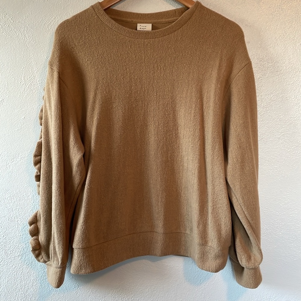 a new day Ruffle Sleeve Pull On Crew Neck Sweater Tan Camel Size M